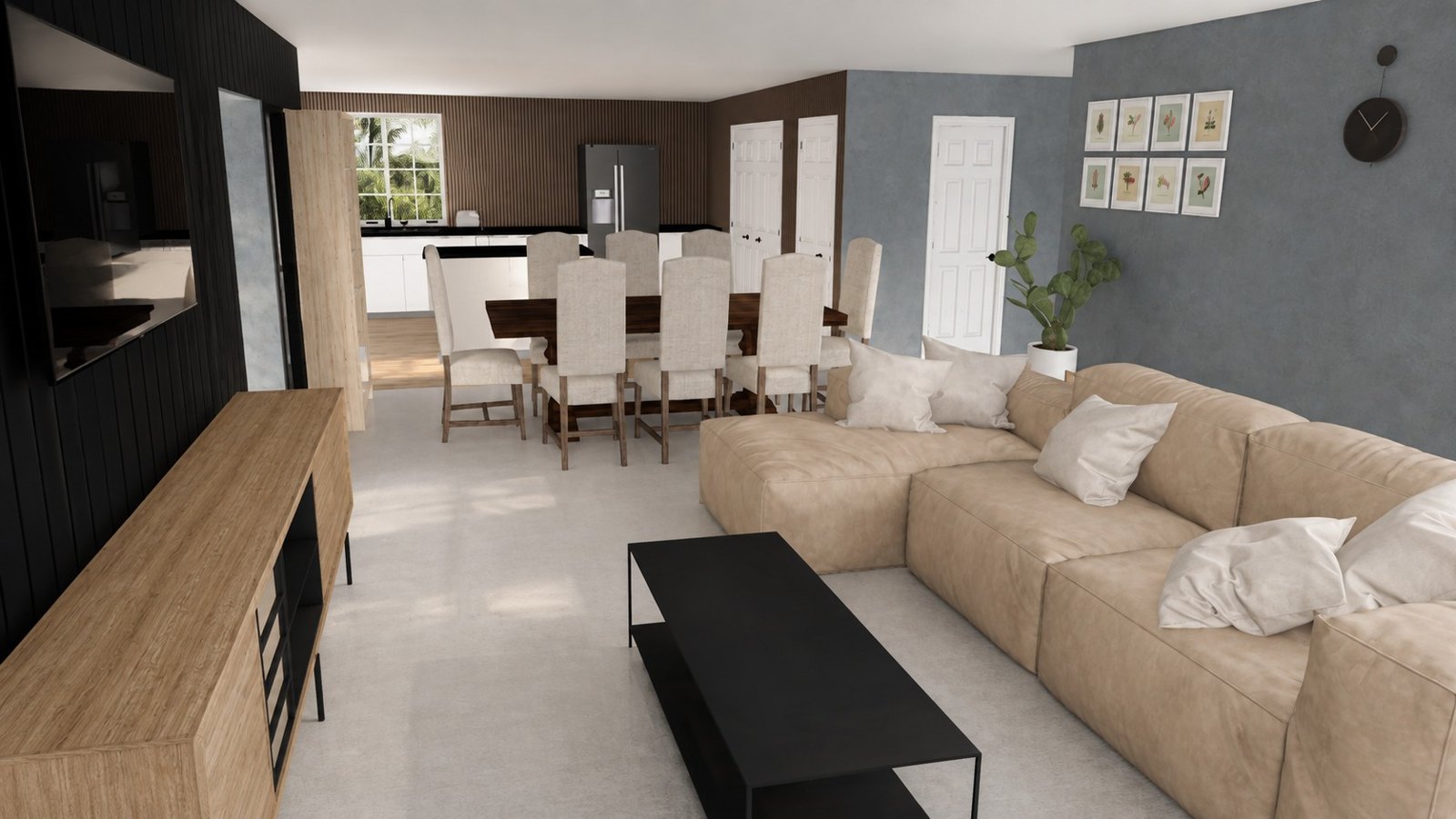 Living, dining and kitchen