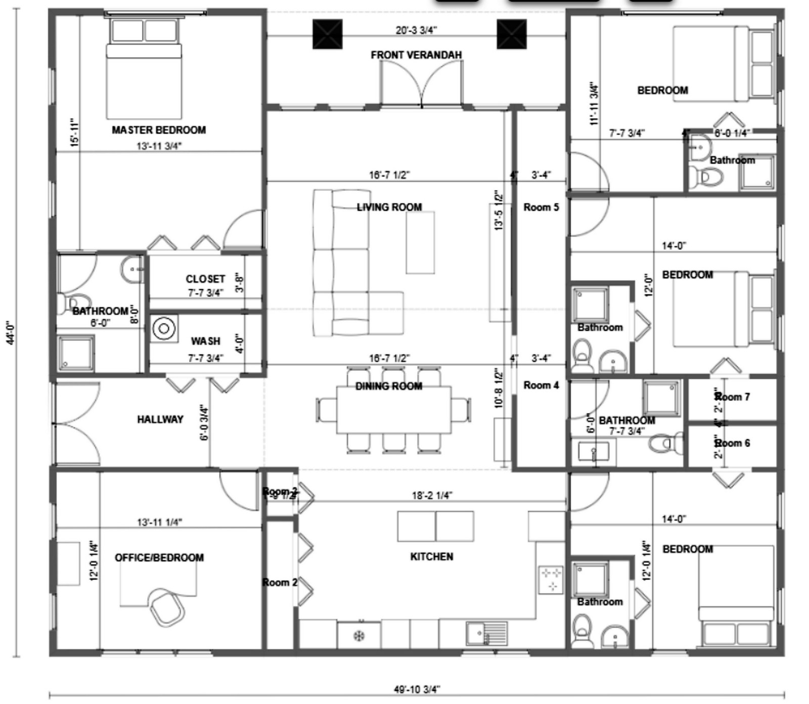 Dimensioned floor plan — 2200 Sq. Ft. Young Professionals Home