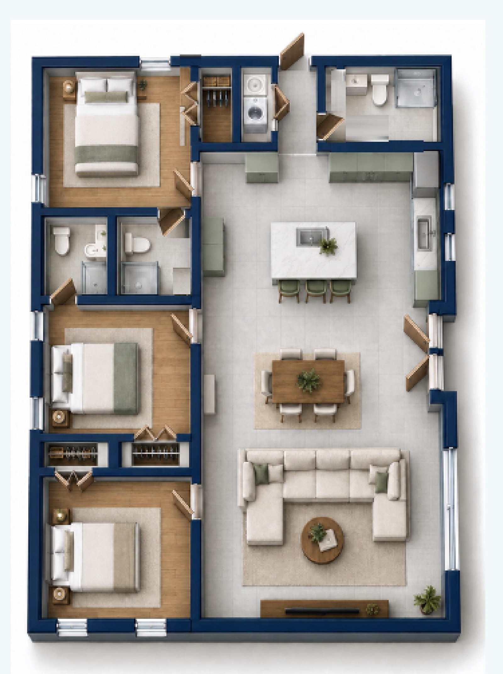 Graphical furnished floor plan — 1,200 Sq. Ft. Middle Income Home