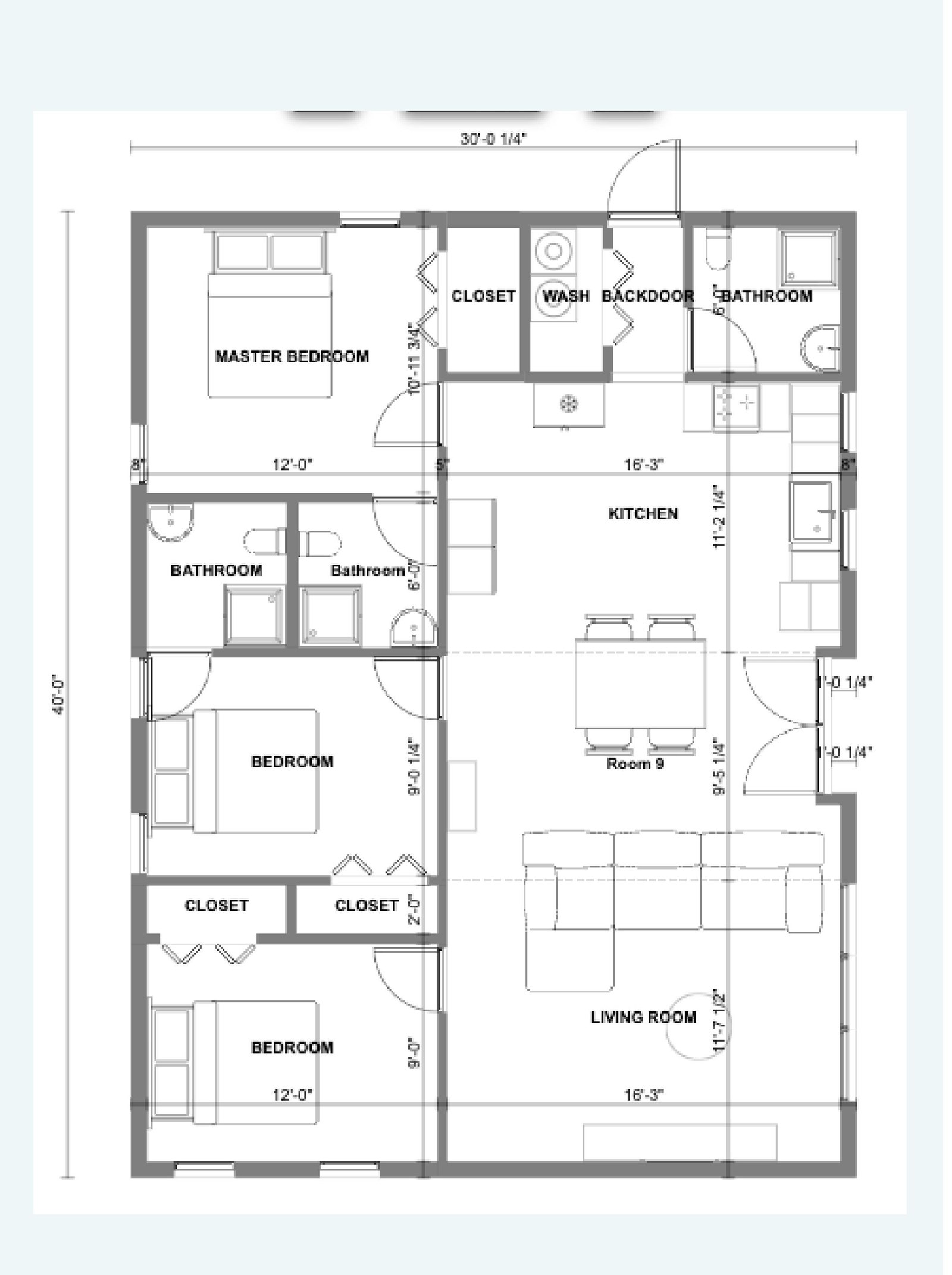 Dimensioned floor plan — 1,200 Sq. Ft. Middle Income Home