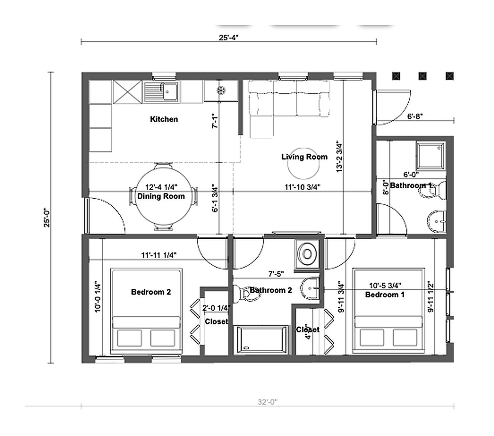 Dimensioned floor plan — 800 Sq. Ft. Moderate Income Home