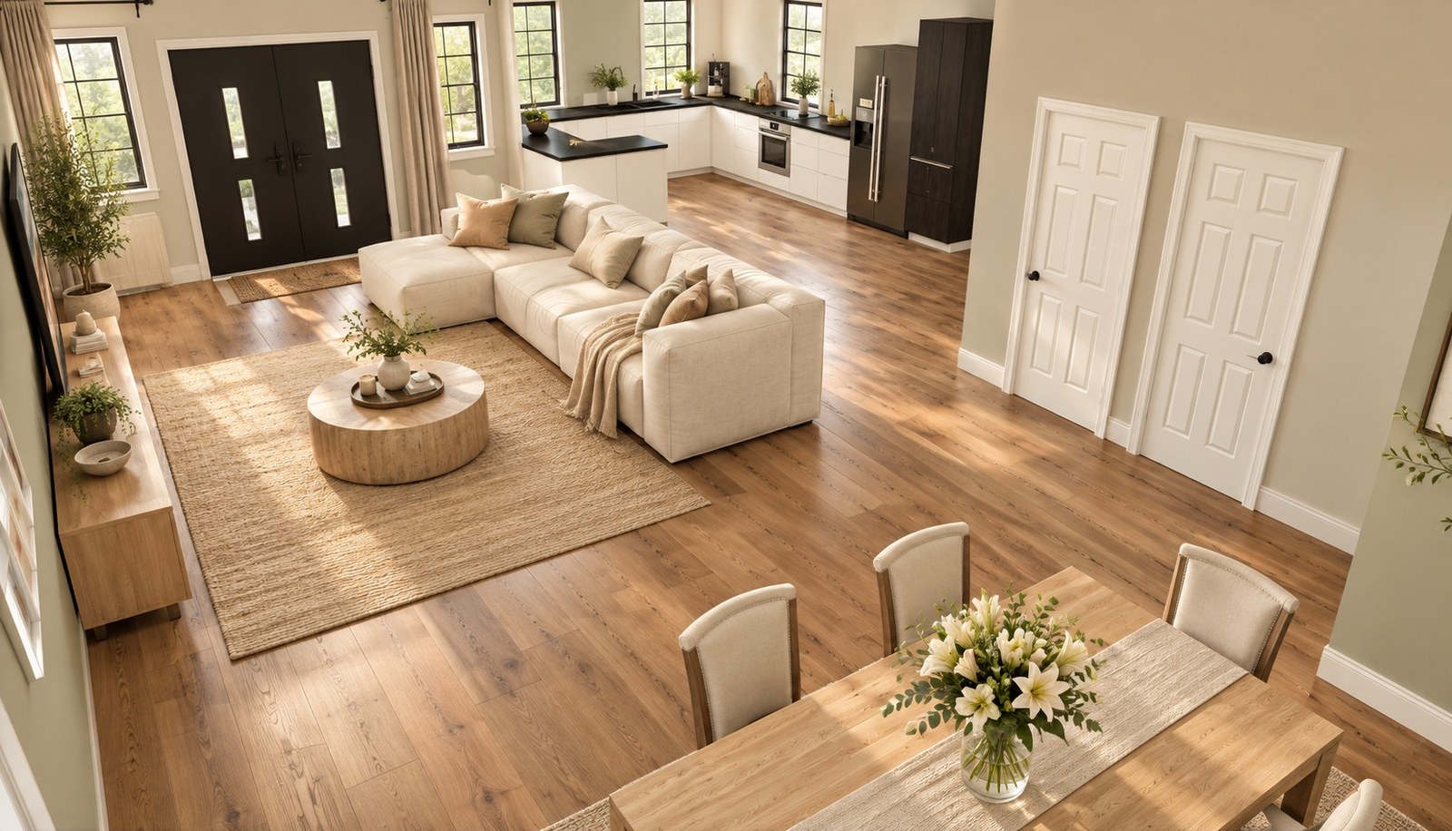 Living, dining and kitchen