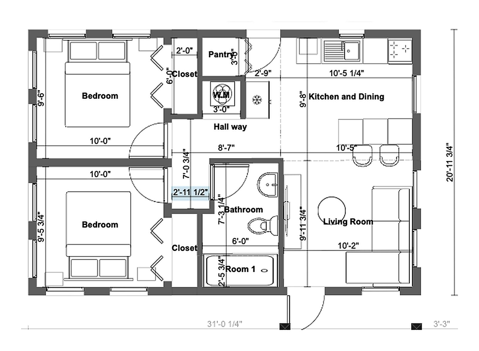 Dimensioned floor plan — 650 Sq. Ft. Low Income Home